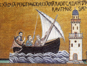 Saint Mark is shown on his way to Alexandria, symbolized by the Islamic Pharos, in this mosaic from 1270 CE. Basilica di San Marco, Venezia. Image in public domain