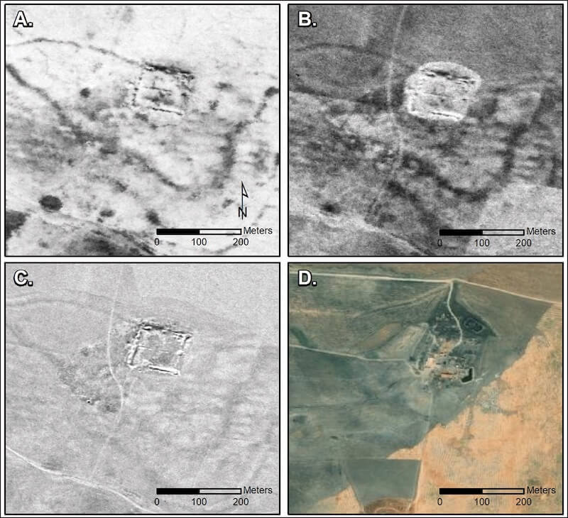 Castellum at Tell Brak: A) CORONA (1102, 17 December 1967); B) CORONA (1105, 4 November 1968); C) HEXAGON (1204, 17 November 1974); and D) modern satellite imagery (© ESRI and Maxar Technologies). Image credit: Casana et al, doi: 10.15184/aqy.2023.153; CORONA and HEXAGON imagery courtesy US Geological Survey. CC-By-4.0.