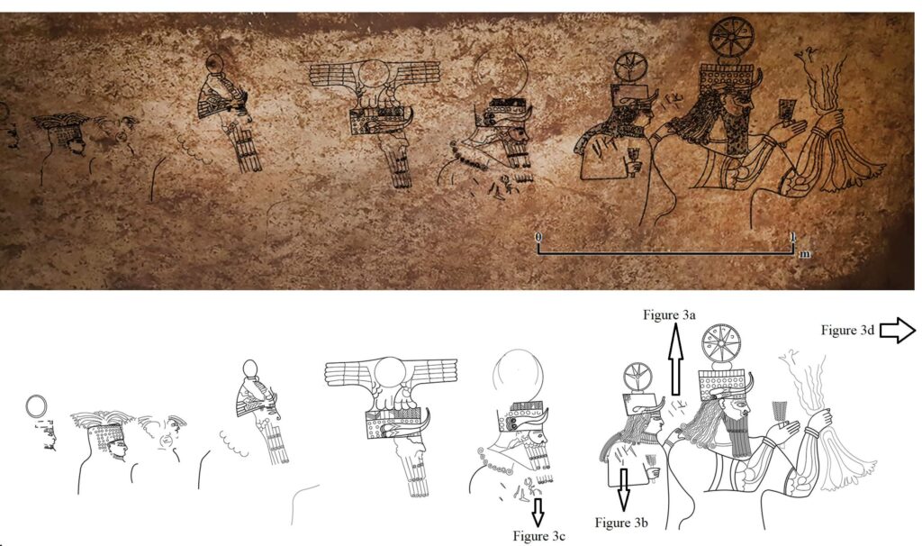 Fig. 2: The Başbük panel’s figure drawings with indications of the inscriptions in Figure 3. (Credits: Photograph and drawings by M. Önal, based on laser scan by Cevher Mimarlık; © Önal et al. 2022)