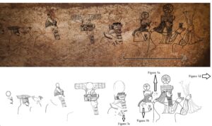 Fig. 2: The Başbük panel’s figure drawings with indications of the inscriptions in Figure 3. (Credits: Photograph and drawings by M. Önal, based on laser scan by Cevher Mimarlık; © Önal et al. 2022)