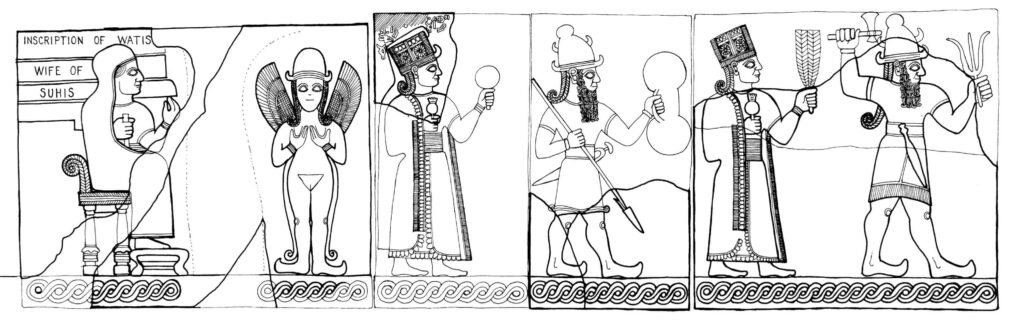 Fig. 5: Reliefs from Karkemish’s Long Wall of Sculpture, late 10th century BCE (Suhi II). From left to right: Queen BONUS-tis, in the presence of a Winged Goddess (perhaps Šauška), Goddess Kubaba with a pomegranate and a mirror, God Karhuha, Goddess Kubaba or her priestess with a pomegranate and an ear-of-corn or Hebat (with an ear-of-corn), Storm-god Tarhunt/Teshub. Museum of Anatolian Civilizations, Ankara. Drawing and reconstruction by J. David Hawkins (Hawkins 1972: Fig 4, B38-B40).