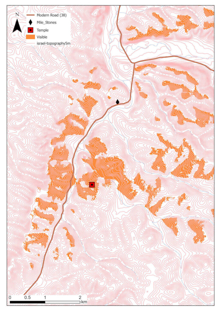 Figure 8: Topographic map showing visibility of the Roman temple at Horvat Midras (GIS analysis: I. Wachtel)