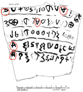 The linear alphabet continued to be written irregularly through the 11th century BCE; note that the alefs in the Khirbet Qeiyafa inscription from Judah face no less than three different directions! Adapted by S.L. Sanders from drawing by A. Yardeni in Khirbet Qeiyafa 1: Excavation Report 2007-2008 (2009).