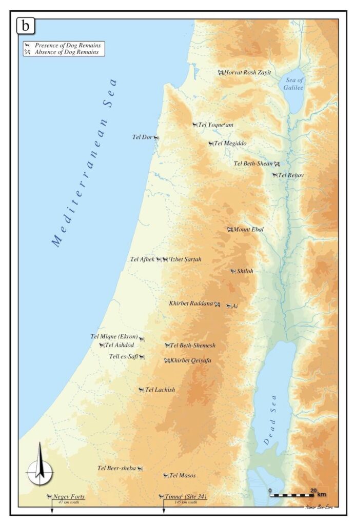 Figure 3: Sites of the Iron I – early Iron IIA, and presence or absence of dogs. Map by Itamar Ben-Ezra, courtesy of the Sonia and Marco Nadler Institute of Archaeology, Tel Aviv University. For the full series of maps by period, click through to our full article, “A Dog’s Life in the Iron Age of the Southern Levant.”