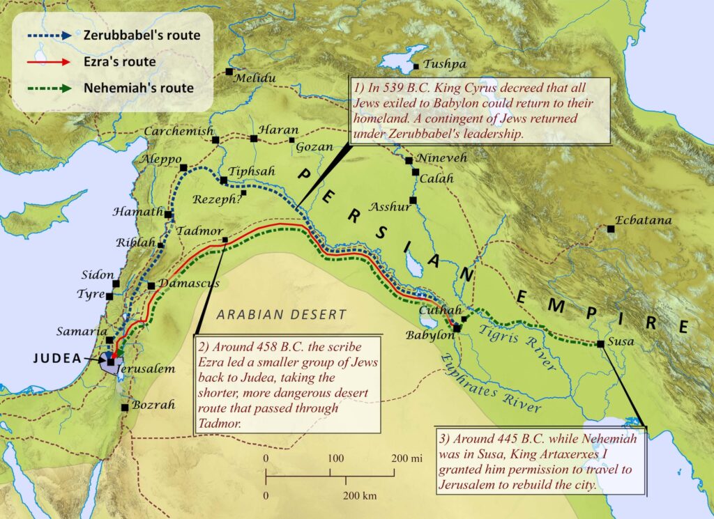 The return of Jewish exiles to Judah during the period of the Persian Empire. (Source: Biblemapper.com)