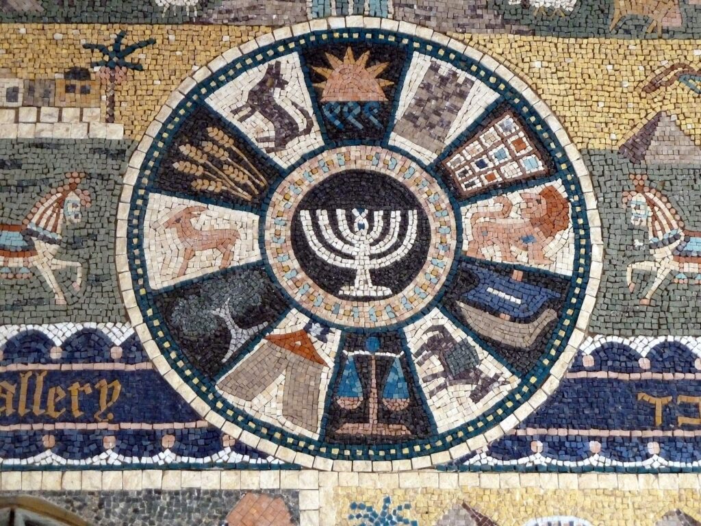 Street mosaic of symbols of the 12 tribes of Israel, Jewish Quarter, Jerusalem (Wikimedia Commons / Djampa).