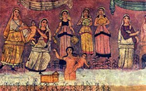 Fresco from a synagogue in Dura Europos, depicting the discovery of baby Moses by the Egyptian princess Thermouthis. Ca. 244–355 CE. Public Domain.