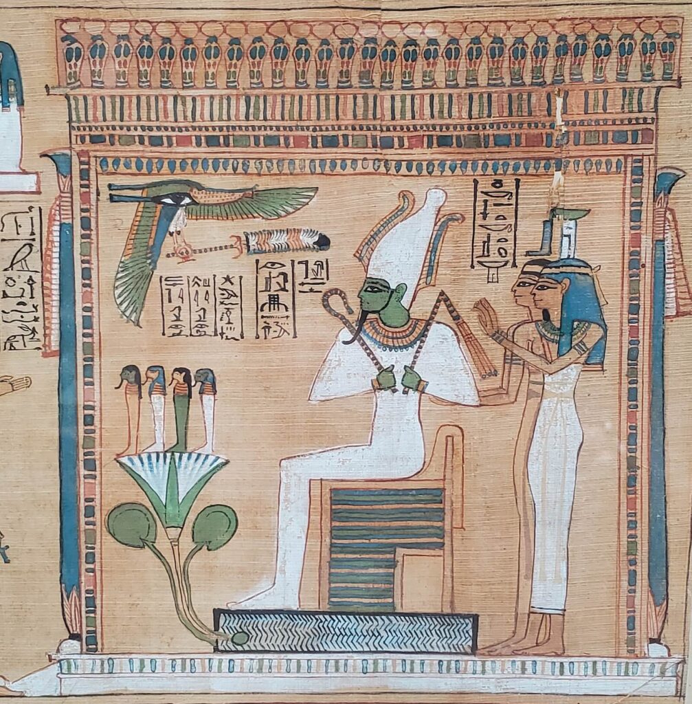 Figure 3. Detail of Chapter 125 of the 19th Dynasty Book of the Dead of Hunefer (British Museum EA 9901,3) showing the mummiform Osiris enthroned under a kiosk. Photo by the Author.