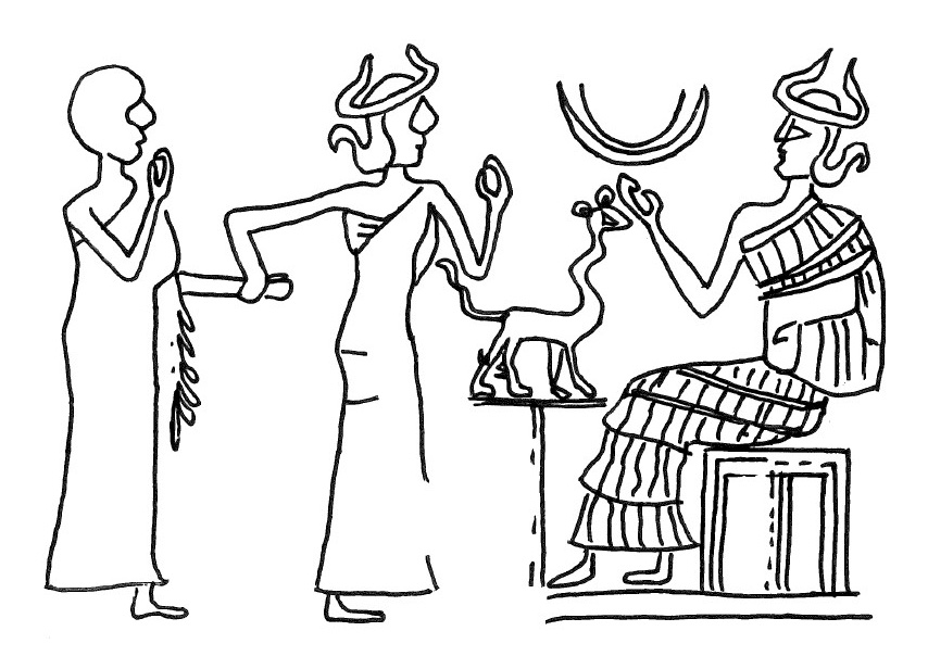 Figure 10: Drawing of a cylinder seal depicting a presentation scene in a sanctuary: a worshiper is brought before a seated deity (Geštinanna) and a standard indicates the sacred space. Neo-Sumerian Period. BM 18805 (van Dijk-Coombes 2023:395 NS90).