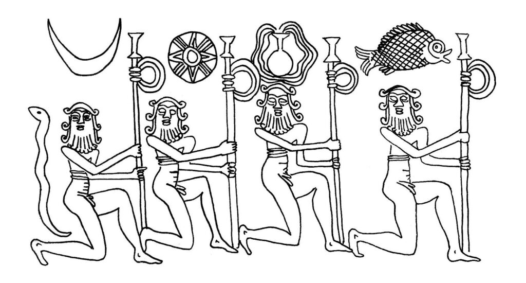 Figure 2: Drawing of a cylinder seal showing examples of standards with decoration on the shaft. Akkadian Period. Metropolitan Museum L.1992.23.5 (van Dijk-Coombes 2023: 334 A48).