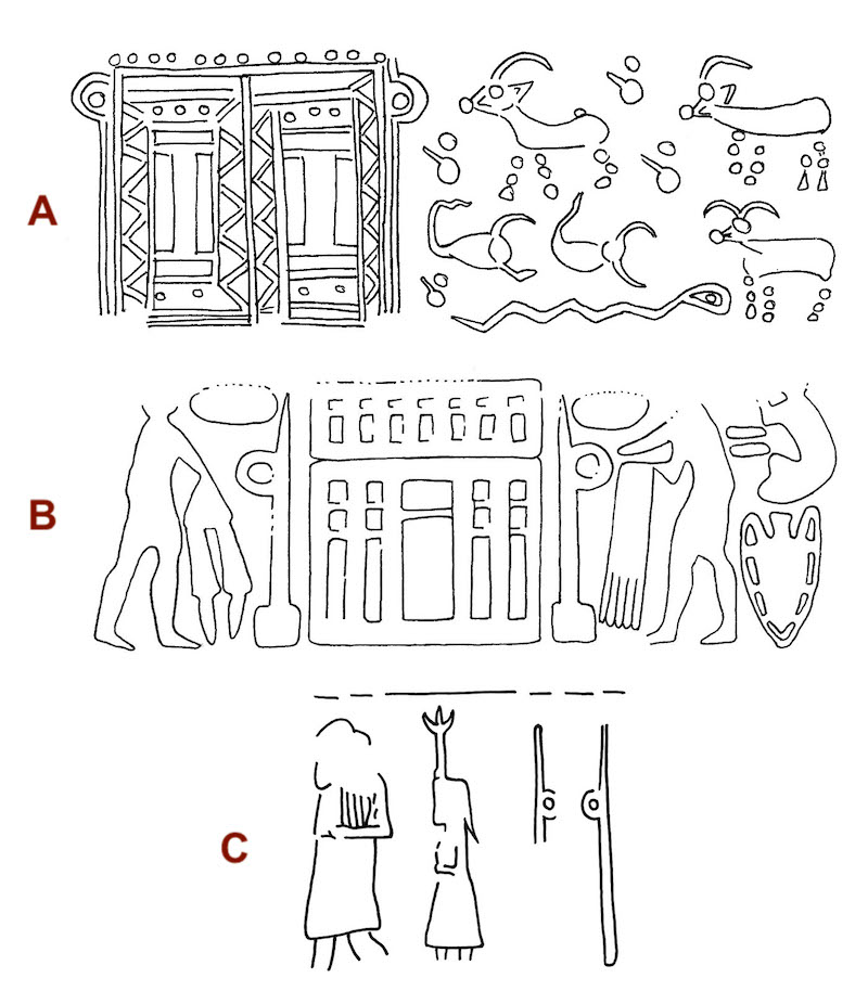 Figure 7: Three different ways standards were associated with architecture, as depicted on seals. A) standard is intrinsically part of the building. B) standards are associated with the building. C) standards are indicative of divine space (van Dijk-Coombes 2023, nos. U74, U76, and U80).