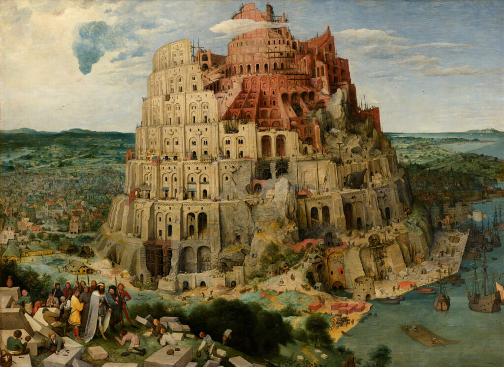 The Tower of Babel by Pieter Breugel the Elder (1563). While famous throughout European history because of the biblical story, no one knew what the Tower of Babel might have looked like until the 19th-century rediscovery of Mesopotamian ziggurats. In this painting, Bruegel imagined a building like the Colosseum in Rome reaching high into the sky, but unfinished.