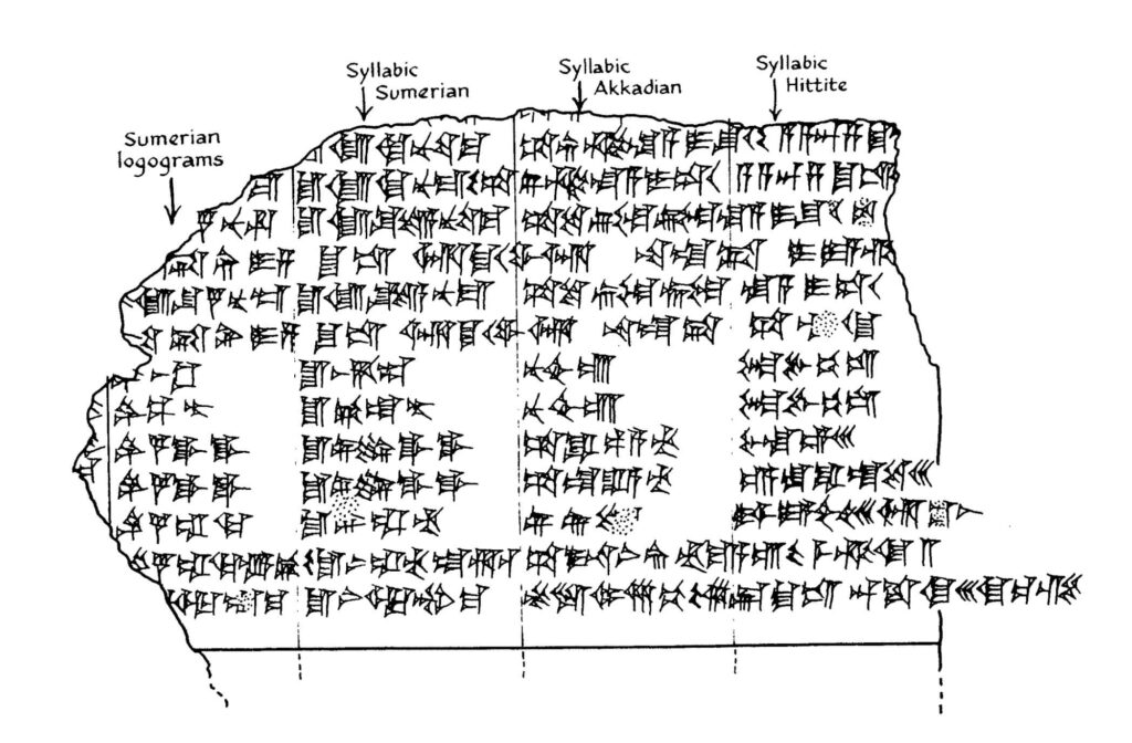 In Hattusas, there are Babylonian lexical lists with translations into Hittite added to the Sumerian and Akkadian terms. The second column in this example (a list of professions) renders the Sumerian words syllabically to indicate their pronunciation. From S. Dalley, The Legacy of Mesopotamia, (Oxford 1998 , p. 17), with permission of S. Dalley.