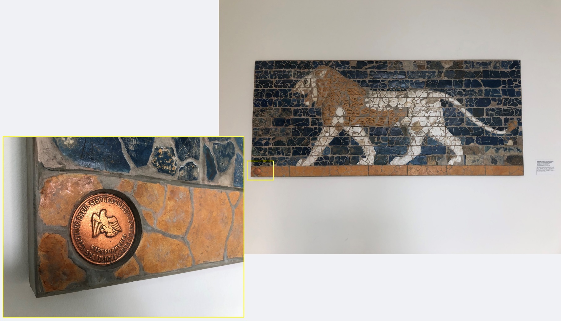 Seal of the Gipsformerei on the plaster copy of one of the Processional Way lions (VAG 2550). The original lion was made of glazed bricks. Copy based on VA Bab 01379, from Babylon (Iraq). Workshops that produced the casts and copies took pride in their craft and created seals to mark their work. Image courtesy of the author.