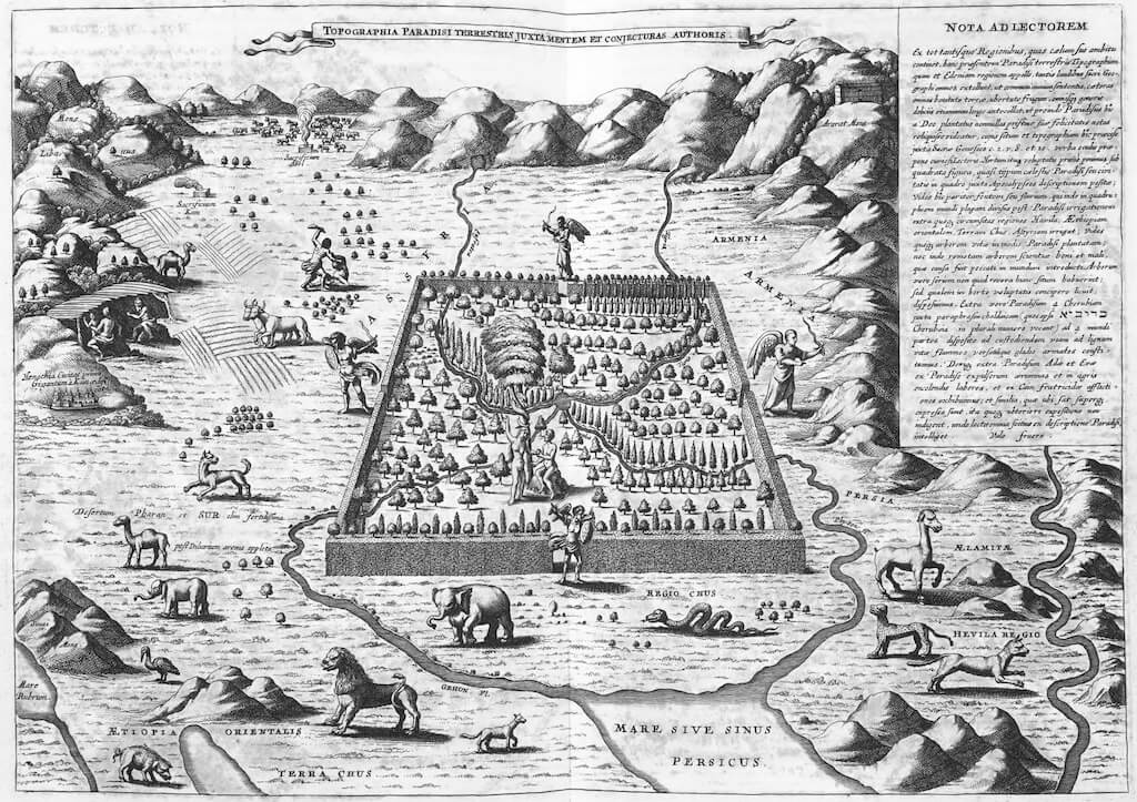 Atanasius Kircher, Topographia Paradisi Terrestris (ca. 1675; Public Domain). The term paradise is derived from Old Persian term pairi-daêzã.