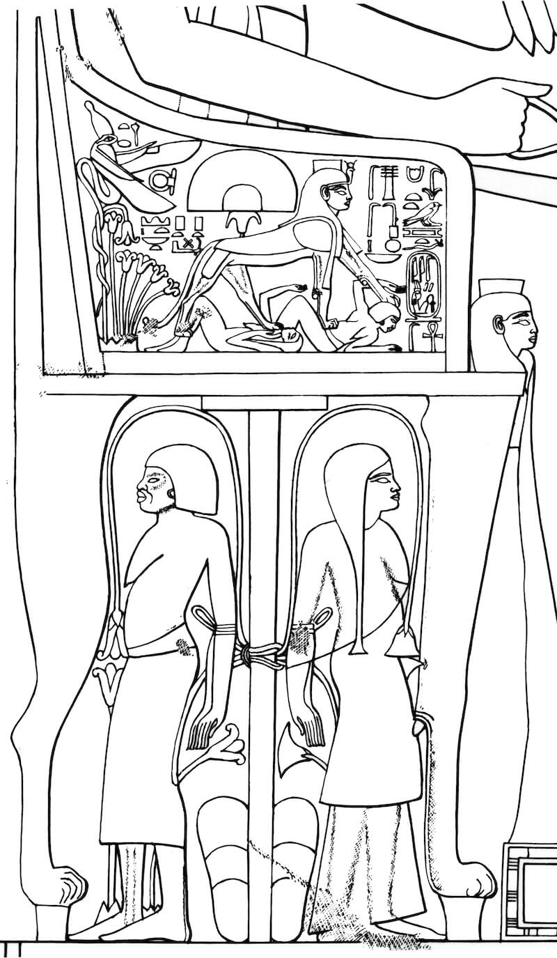 Depiction of the throne of Queen Tiy, showing female captives bound to a sm3 t3.wy (“Union of the Two Lands”) hieroglyph, and the queen, in the form of a female sphinx, trampling female captives. Tomb of Kheruef (TT 192), 18th Dynasty (Detail of line drawing by the author, no scale, courtesy of the Oriental Institute of the University of Chicago, after Nims, Charles, Labib Habachi, Edward Wente, and David B. Larkin. 1980. The tomb of Kheruef: Theban Tomb 192. Oriental Institute Publications 102. Chicago: The Oriental Institute of the University of Chicago: pls. 47 and 49).