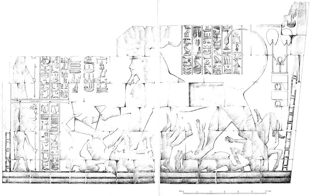 Hatshepsut as a male sphinx trampling enemies, depicted on the south wall of the southern lower portico of her mortuary temple at Deir el-Bahri, 18th Dynasty (Line drawing by the author, no scale, after Naville, Édouard. 1908. The temple of Deir El Bahari VI. Twenty-ninth Memoir of the Egypt Exploration Fund. London: Egypt Exploration Fund: pl. CLX).