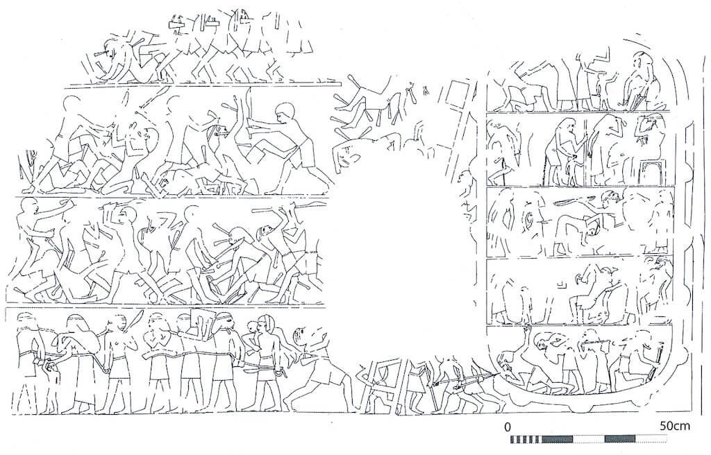 Siege of a Syro-Palestinian fortified town from the tomb of Inti at Deshasha, 5th Dynasty (Line drawing reworked by the author, no scale, after Petrie, William Matthew Flinders. 1898. Deshasheh: 1897. Fifteenth Memoir of the Egypt Exploration Fund. London: Egypt Exploration Society; Kegan Paul; Trench, Trüber & Co.; and Bernard Quaritch: pl. IV).