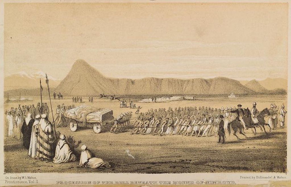 “Procession of the bull beneath the mound of Nimroud.” Frontispiece from Volume II of Nineveh and Its Remains by A.H. Layard (1849); Lithograph by W.L. Watson. Image: The New York Public Library Digital Collections (OCLC 700101). Public Domain.