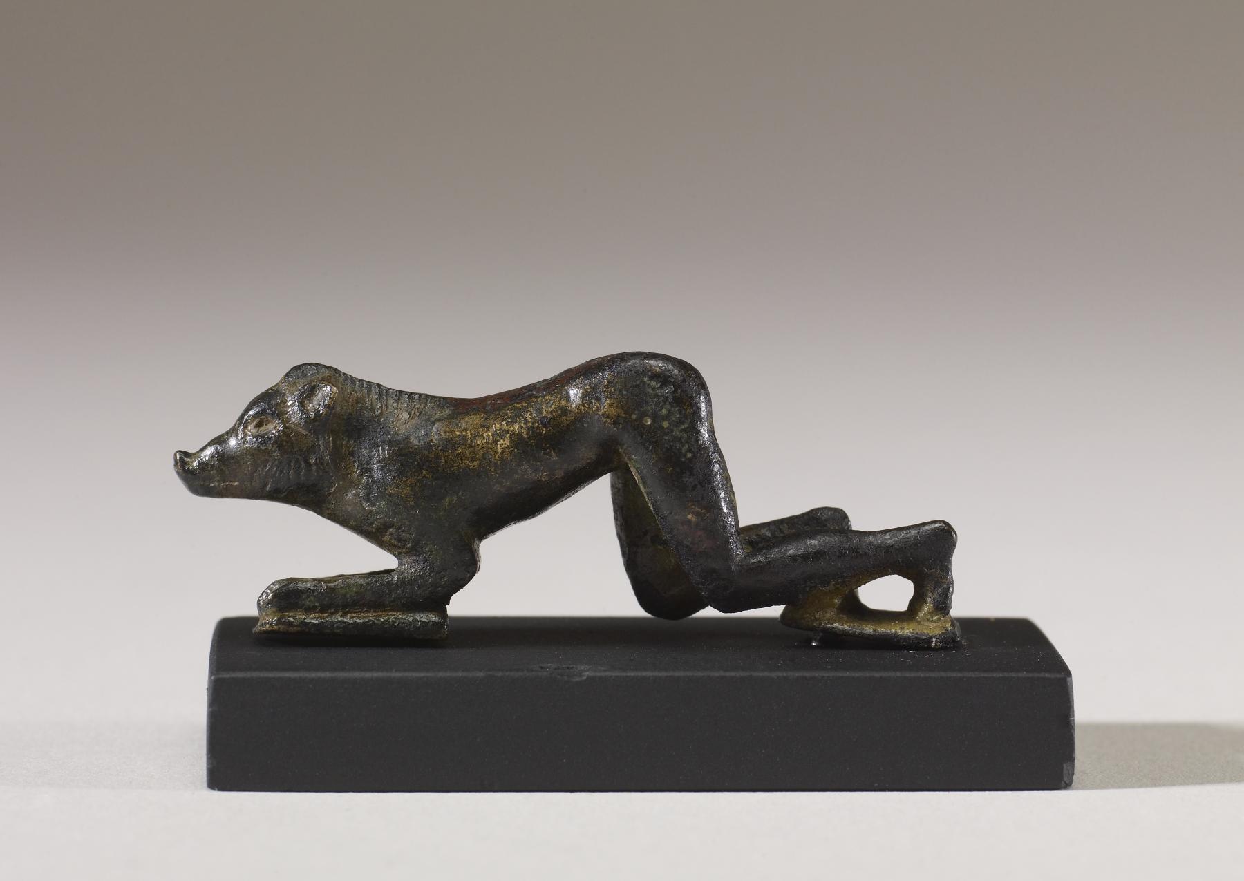 Archaic Greek bronze figure, 5th century BC, showing one of Odysseus’ companions turned into a pig swine by the sorceress Circe in Homer’s epic poem Odyssey. Walters Art Museum, Baltimore. CC0.