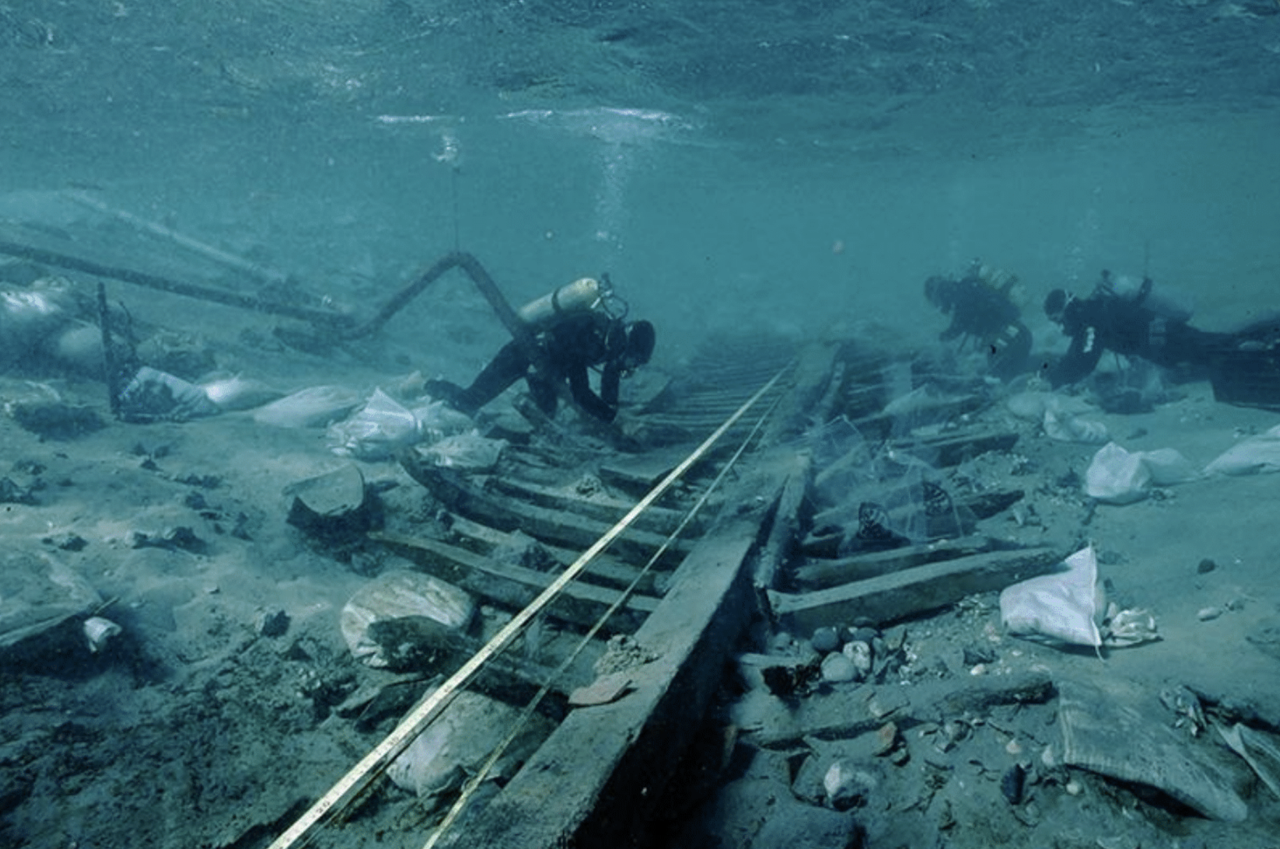 The typical vertical preservation of ancient wood-planked hulls in the Mediterranean Sea is seen in the Tantura B shipwreck, Israel, with only the lower parts of the structure surviving because of its burial in sediment soon after deposition. Early ninth-century AD. Photo: S. Wachsmann.