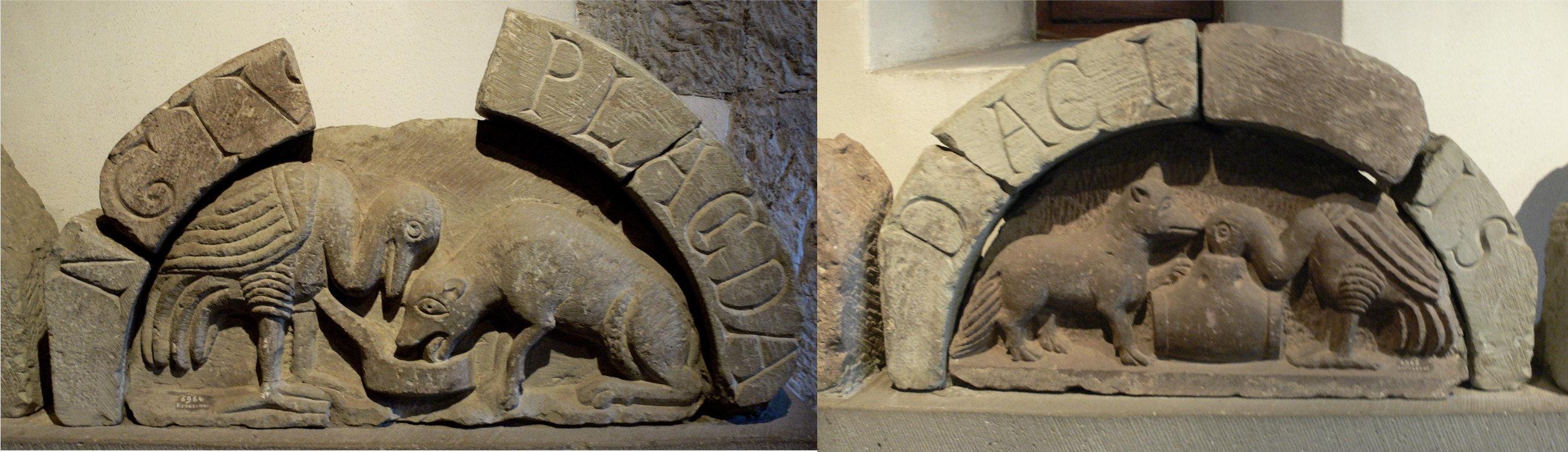 Parts of window frames, All Saints Monastery, Schaffhausen, Switzerland (12th century AD). On the left, the fox is eating from the slap while the stork cannot; on the right, the stork is eating from a narrow-mouthed keg while the fox remains hungry. Public Domain via Wikimedia Commons.