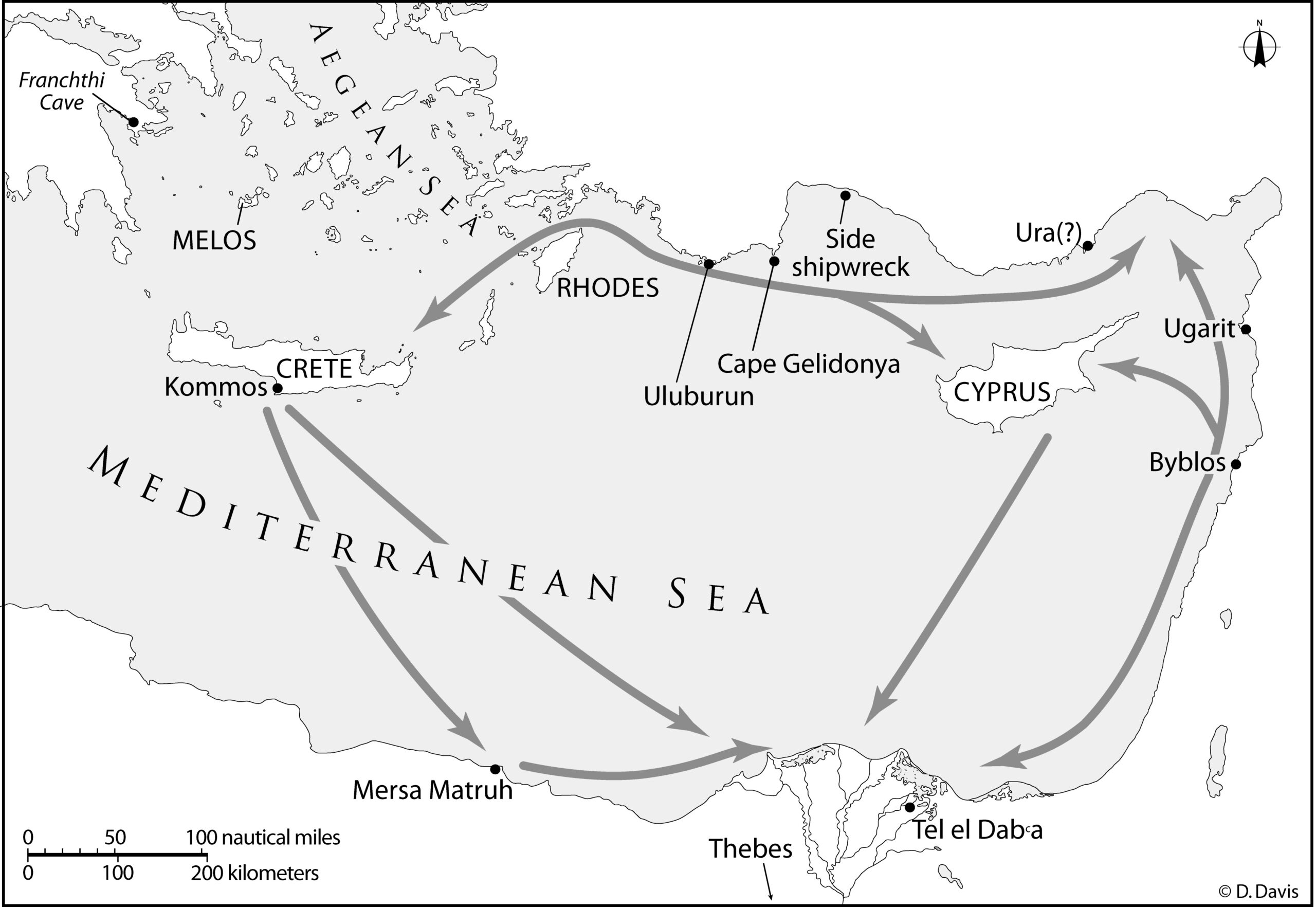 Map of documented Bronze Age sea routes in the eastern Mediterranean. Map: D. Davis.