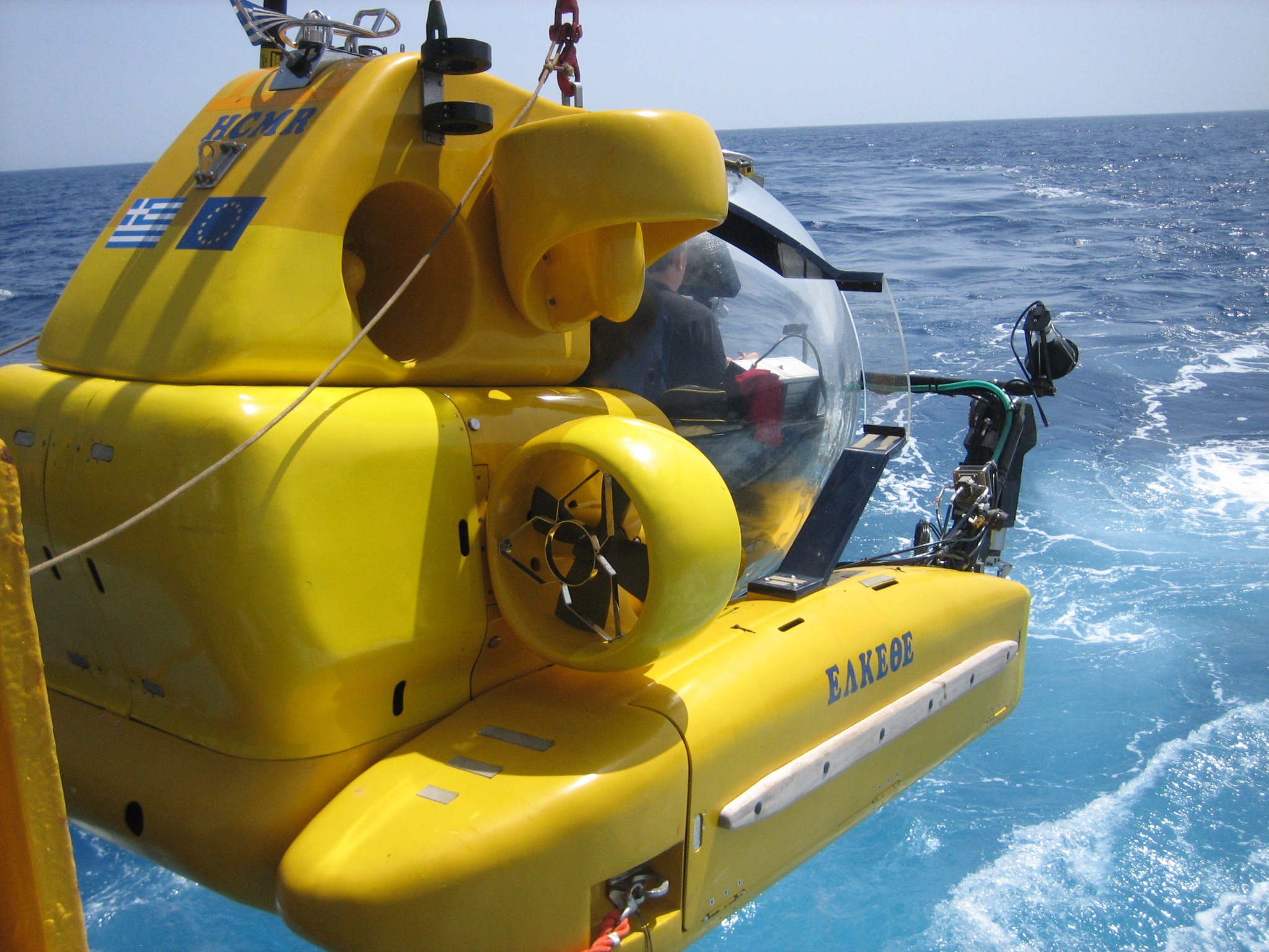 Submersibles are good platforms for some archaeological purposes but are limited by their batteries and by the needs of their human occupants. Diving inside the acrylic sphere of the Thetis submersible, owned and operated by the Hellenic Center for Marine Research (HCMR), was akin to sitting inside a fishbowl with the fish on the outside. Photo: S. Wachsmann.