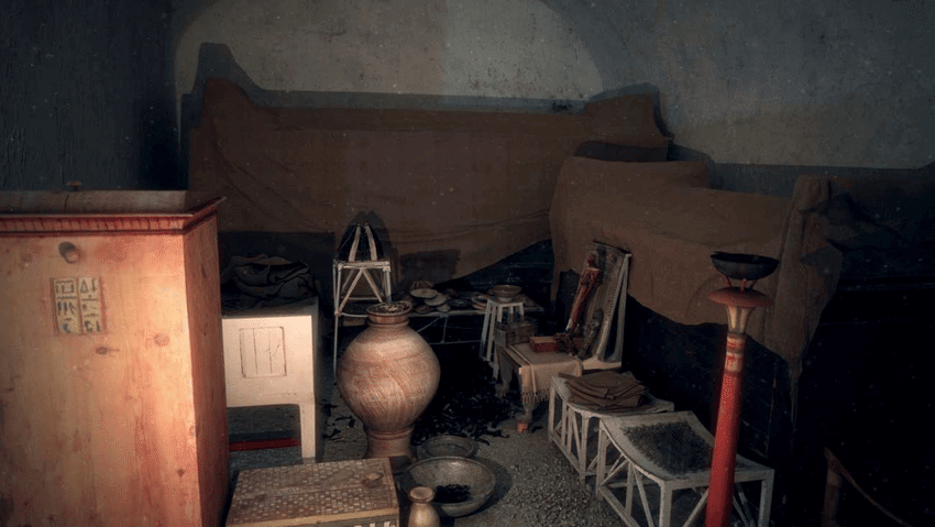 The tomb of Kha and Merit in Deir el-Medina from the Eighteenth Dynasty was packed with furniture, daily life objects and ritual objects. Reconstruction courtesy of Francesco Gabellone.