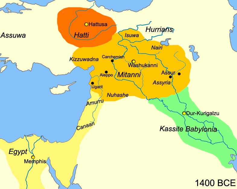 Map of Ancient Near East, c. 1400 BCE. By Javierfv1212 via Wikimedia commons. Public Domain.