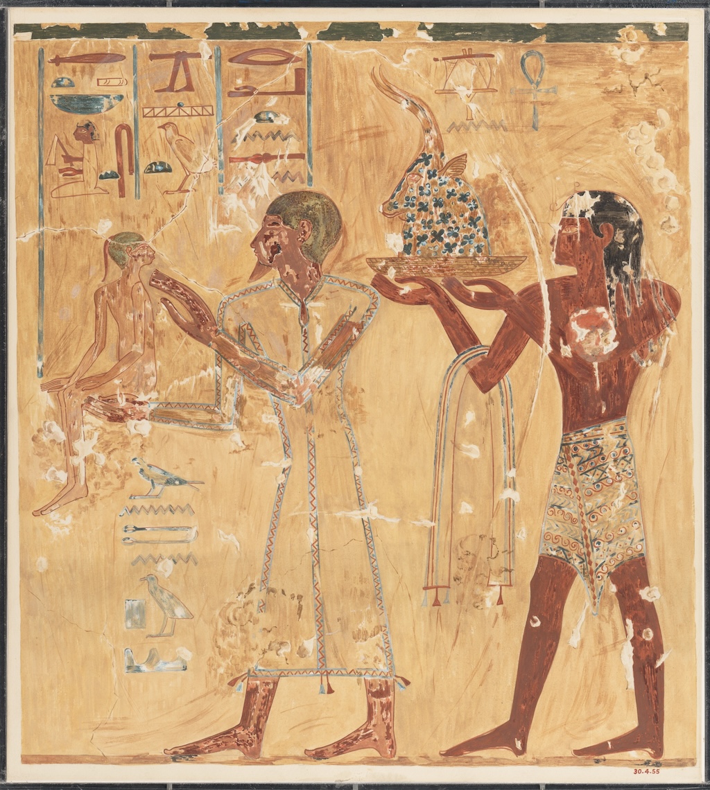 Facsimile of a painting depicting a ruler of Tunip bringing his son to court. Painted by Nina de Garis Davies. Metropolitan Museum of Art 30.4.55. Public Domain.