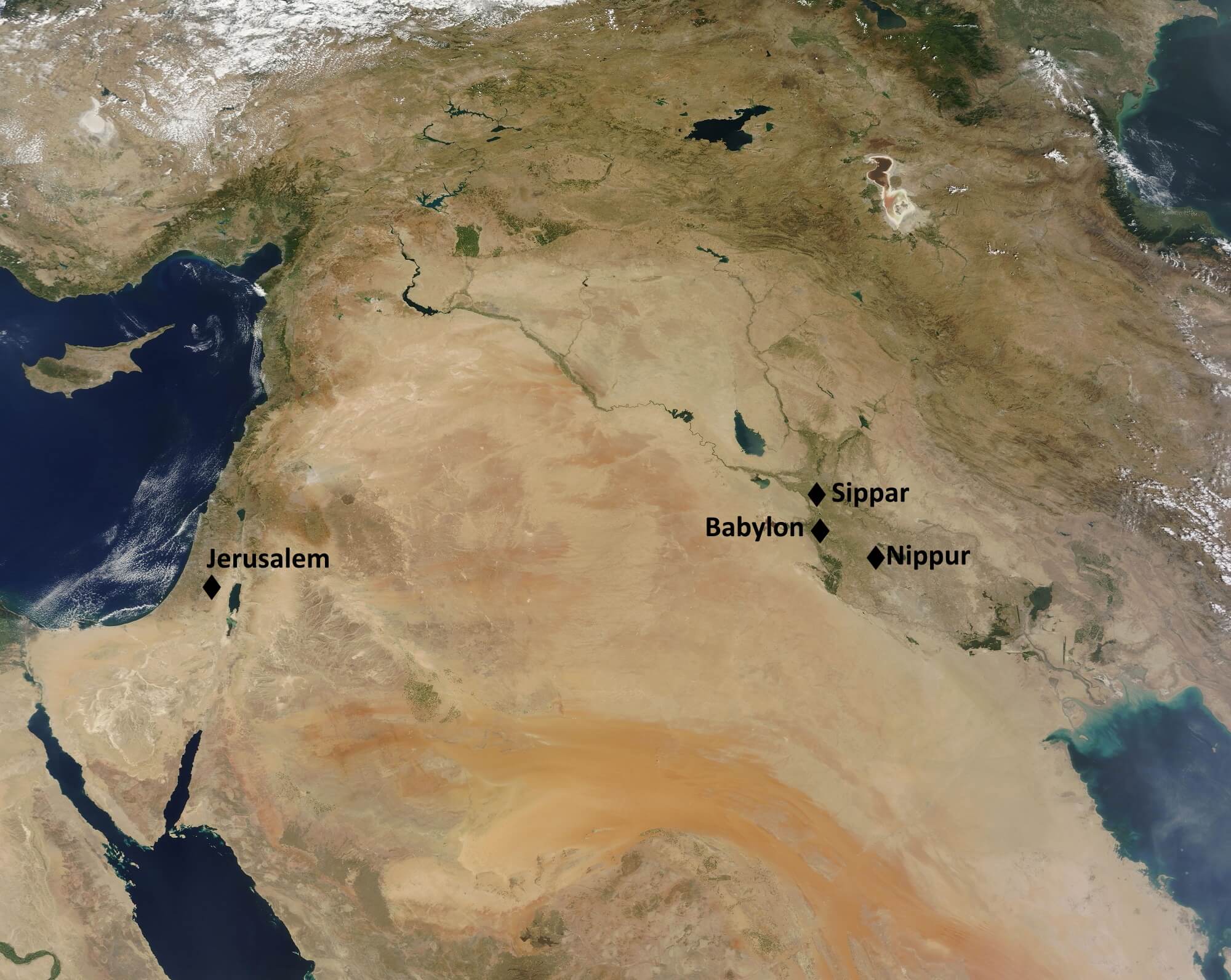 Map of the Near East, indicating the location of Jerusalem, Sippar, Babylon, and Nippur. Satellite image: NASA Worldview.