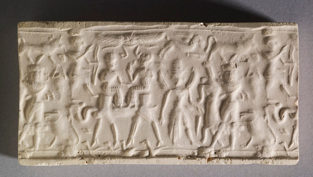 Cylinder Seal with a Two-Humped Camel Carrying a Divine Couple. ca. 1800-1650 BCE. Public domain, courtesy of Walters Art Museum.
