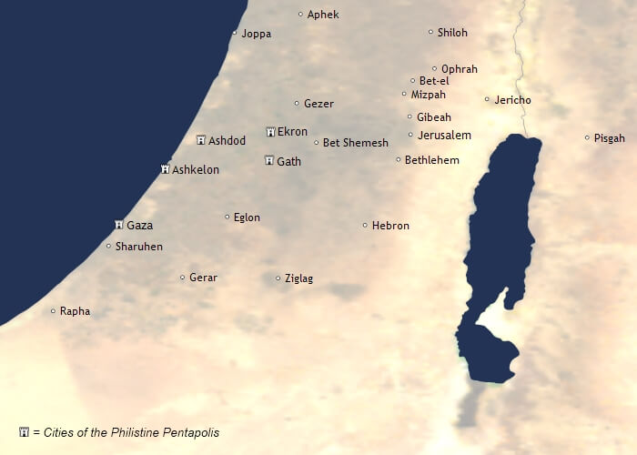 Figure 2. Map of the southern Levant and the Philistine Pentapolis (Public Domain via Wikimedia Commons).