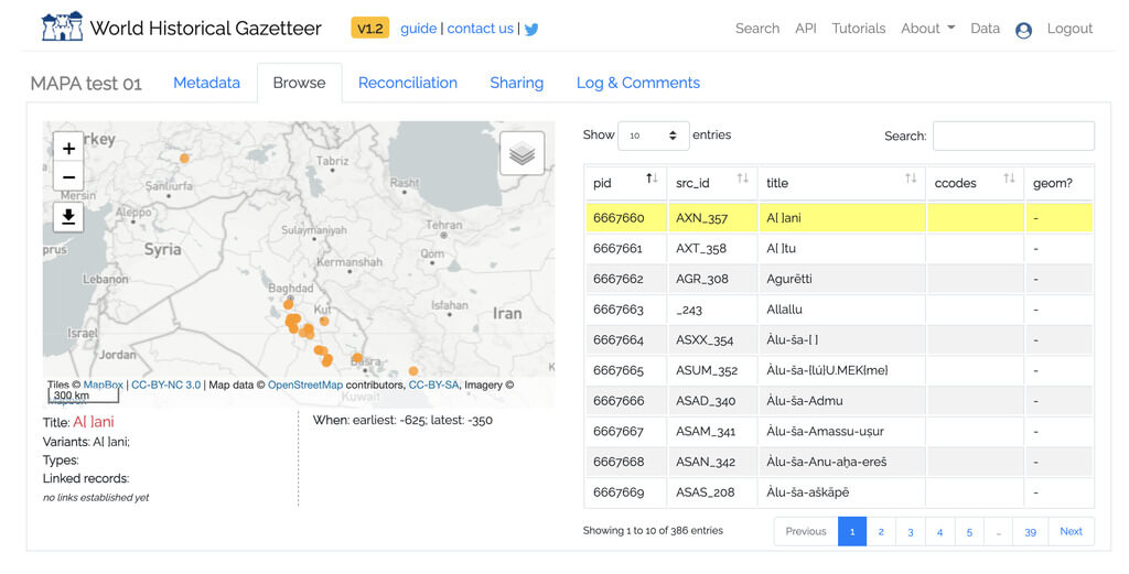 The MAPA gazetteer uploaded to the World Historical Gazetteer website, a growing initiative to document and link historical geographical data from across disciplines.