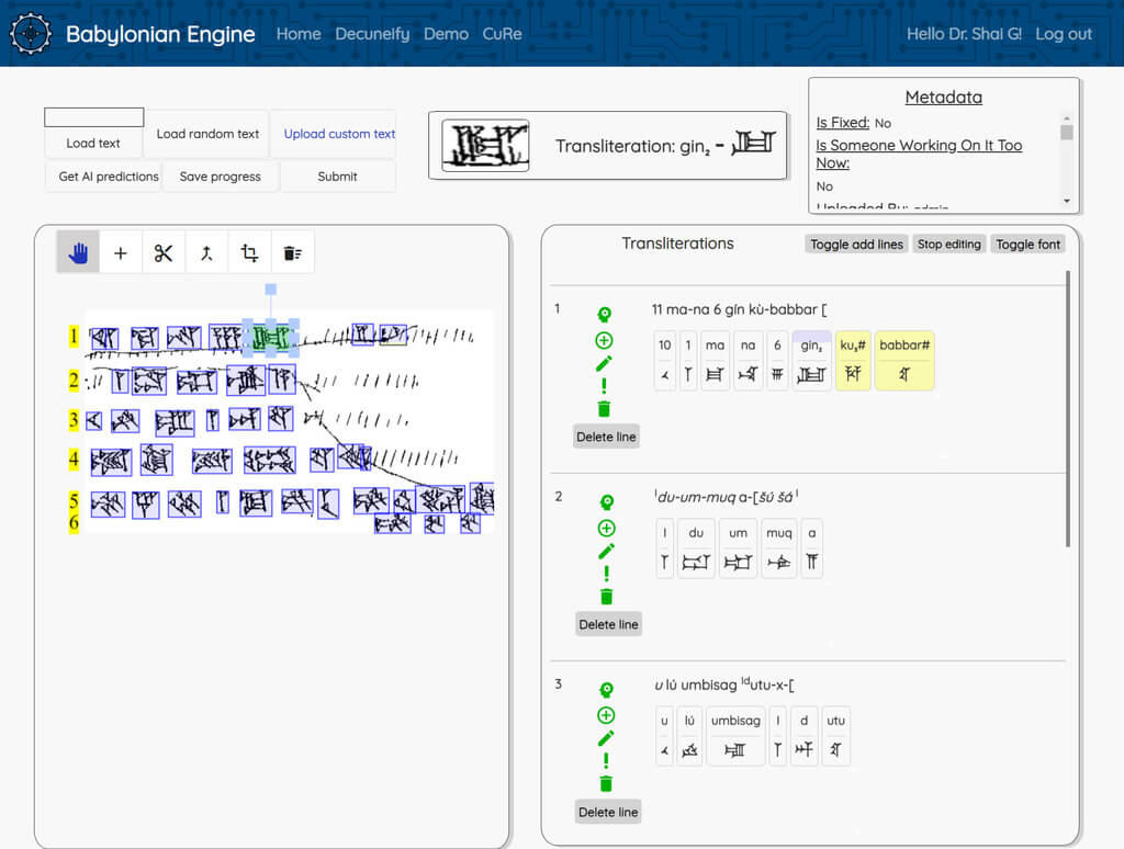 Screenshot of the new Babylonian Engine portal, currently under development, with the CuRe (Cuneiform Recognition) tool for identifying cuneiform signs from handcopies. CuRe can be used to view the results of the machine learning models, correct them, and save the data as part of a digital scholarly edition. The image is from Strassmaier’s copies of archival texts from the reign of Cyrus, and the transliteration is published on Achemenet.