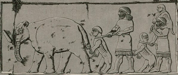 Egyptian tribute offered to Shalmaneser III. From A.H. Layard, The Monuments of Nineveh, 1849, pl. 55. Public Domain.