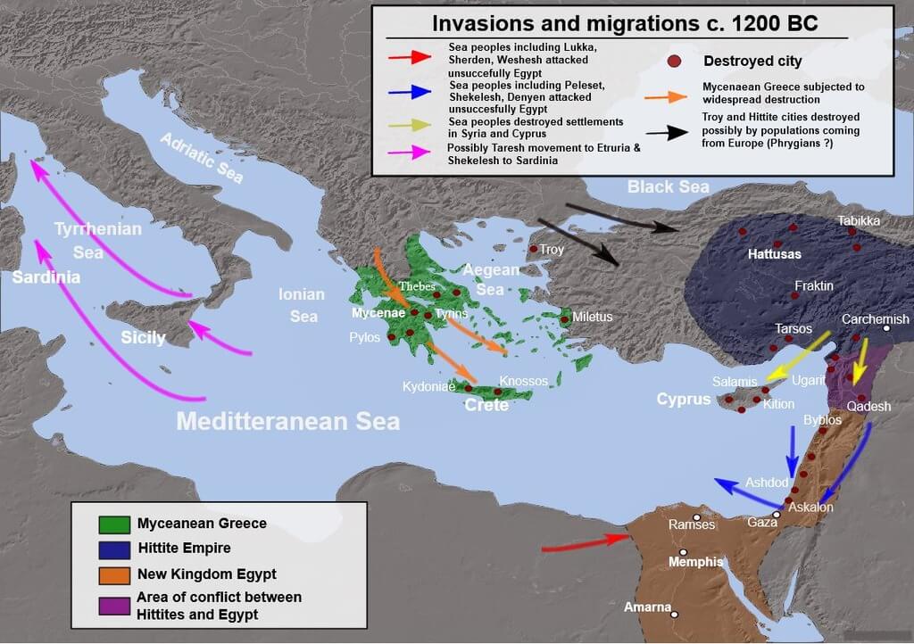 The map showcasing destruction from the Late Bronze Age collapse page on Wikipedia. Accessed at https://en.m.wikipedia.org/wiki/Late_Bronze_Age_collapse (Dec 1, 2022)