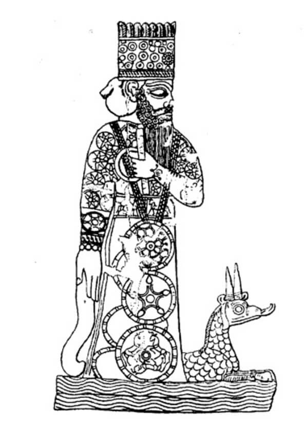 Marduk and his snake-dragon (mušḫuššu). Lapis-lazuli seal, from F. H. Weissbach, Babylonische Miscellen (Wissenschaftliche Veröffentlichungen der Deutschen Orient-Gesellschaft 4). Leipzig (1903), 16. Public Domain.