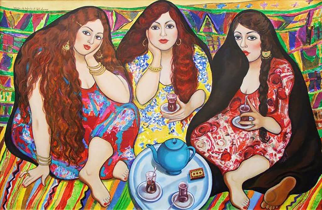 “Three Women and a match” Oil painting by the late Iraqi artist and art critic Wasmaa Alagha (1954-2015). Photograph by AlSafir Alaraby