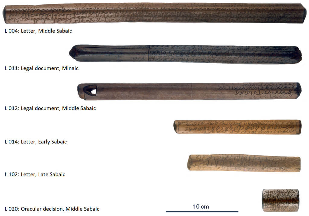 A selection of inscribed wooden sticks from Ancient Yemen, with texts in Sabaic and Minaic languages, from the mid-1st millennium BC (L014) to the 5th century CE (L 102). Apart from L 102, all pieces are made of palm-leaf stalks (Oosters Instituut foundation, Leiden; photos © W. Vreeburg).