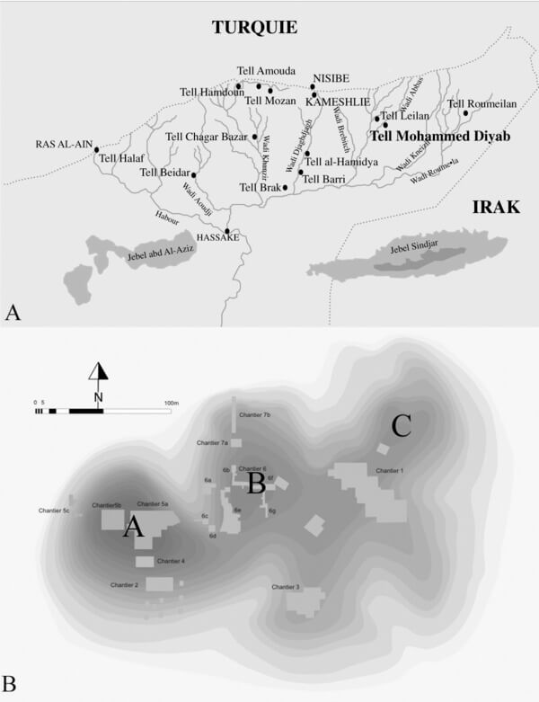 Map showing location of Tell Mohammed Diyab and plan of the site.