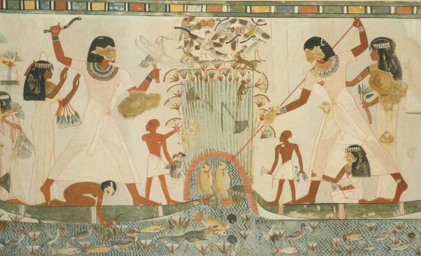 Marsh hunting scene. Menna and Family Hunting in the Marshes (c. 1400–1352 B.C.); Metropolitan Museum of Art.