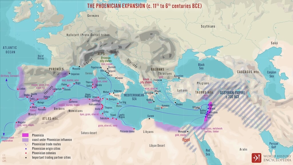 Map of the Phoenician World, 11th cent – 6th cent BCE. By Simeon Netchev, CC BY-NC.