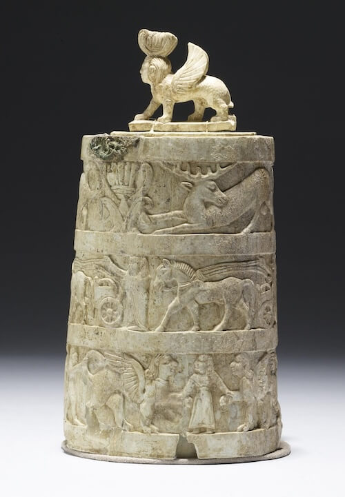 Ivory box and lid with sphinx handle, in “orientalizing” style. From the Sorbo Necropolis in Cerveteri (Etruria) the object is believed to have been inspired by Phoenician luxury goods and is an example of the wide reach of Phoenician trade and culture. Ca. 650–625 BCE. Walters Art Museum 71.489. Photo courtesy of the Walters Art Museum, CC0.