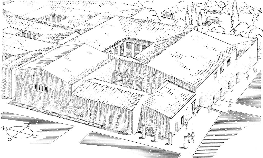 Preliminary reconstruction of the club house of the Poseidoniasts on Delos, based on Exploration archéologique de Délos faite par l’École française d’Athènes (EAD) Fascicule VI, pl. X. Drawing by Monika Trümper. Used with permission.