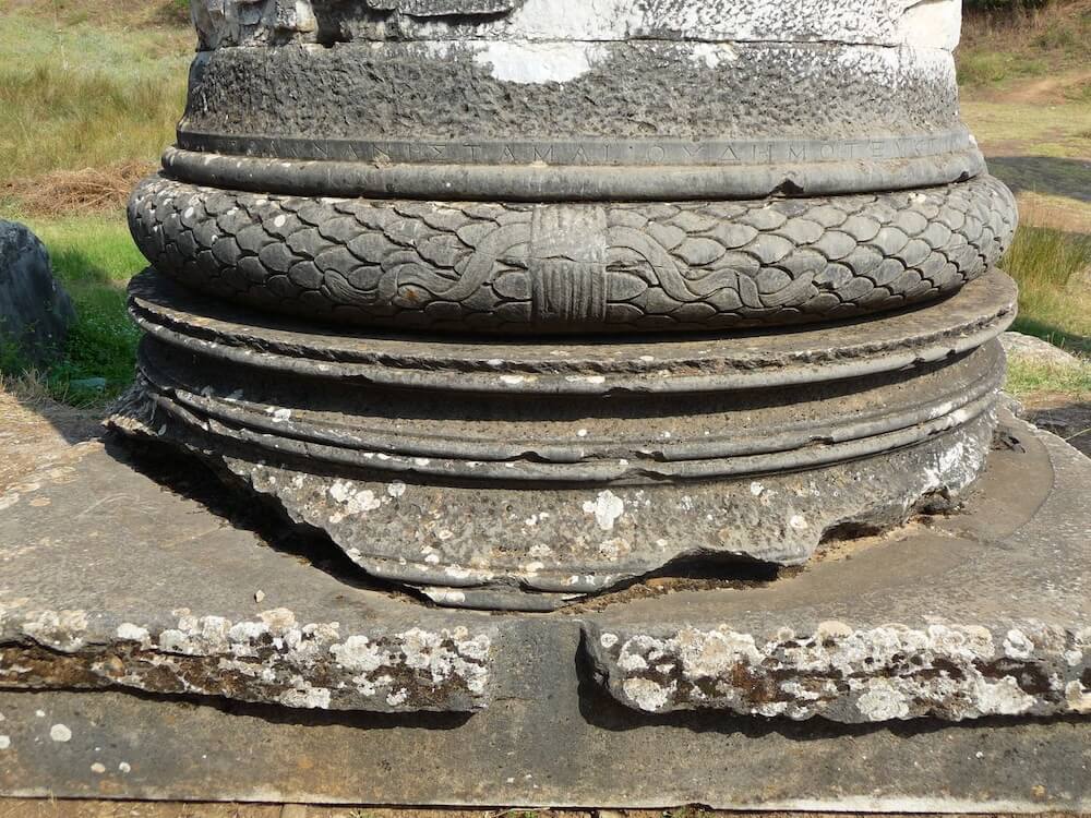 An inscribed column (column 4) from the temple of Artemis at Sardis (in modern-day Turkey); one of the seven churches to whom Revelation was originally composed (Rev 3:1–6). The text of the inscription says, “My torus and my foundation block are carved from a single block of stone. … Of all the columns I am the first to rise”. (Translation by and photo used by permission of Fikret A. Yegül)