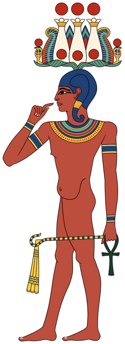 Drawing of the Egyptian God Heka as a Child with the Hemhem Crown, holding the Ankh, the Crook and Flail in one hand, based on depictions in the Temple of Khnum. By Eternal Space, CC BY-SA 4.0