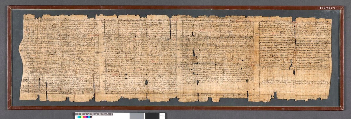 The London Magical Papyrus, PDM XIV, British Museum EA10070,2, 200-225 AD, from Thebes. The papyrus contains several examples of spells including a threat against the wick and the lamp; a threat to reveal a god's secret names); a threat against the flame. Photo © The Trustees of the British Museum, CC BY-NC-SA 4.0.