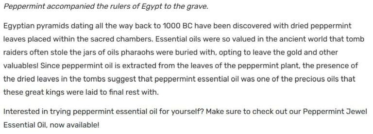 Screen shot of the now extinct “Simply living Redefined” blog’s section on peppermint and the pyramids accessed via the Wayback Machine on 07/02/2024.